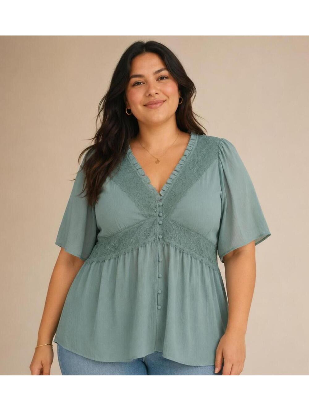 Torrid Plus Size 3 Turquoise Lace Trim Sheer Sleeve Button Front Blouse